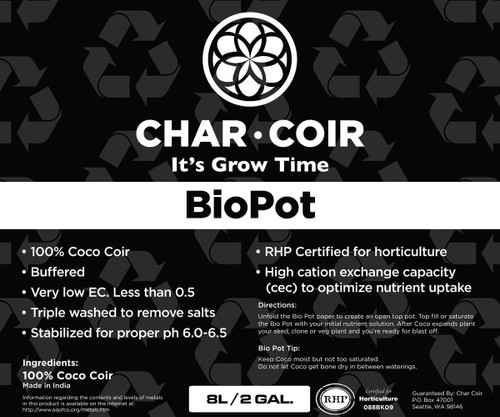 Hydrofarm CHCBP8L Char Coir BioPot, 8 L, case of 10 CHCBP8L or Char Coir