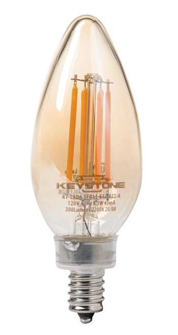 Keystone KT-LED4.5FB11-E12-822-A Straight Tip Chandelier Filament Bulb, 40W Equivalent, B11 Shape, E12 Candelabra Base, 2200K, 80 CRI , Amber | Keystone Technologies | Keystone Technologies at lightingandsupplies.com Keystone KT-LED4.5FB11-E12-822-A Straight Tip Chandelier Filament Bulb, 40W Equivalent, B11 Shape, E12 Candelabra Base, 2200K, 80 CRI , Amber | Keystone Technologies | Keystone Technologies at lightingandsupplies.com