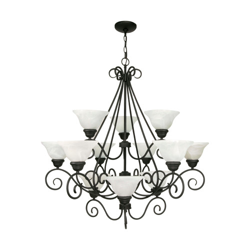 Nuvo 60/377 Castillo; 12 Light; 38 in.; Chandelier; 3 Tier with Alabaster Swirl Glass