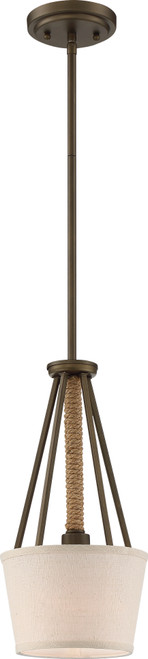 Nuvo 60/5898 1 Light; Seneca Mini Pendant; Mahogany Bronze Finish with Wrapped Rope; Beige Linen Fabric Shade