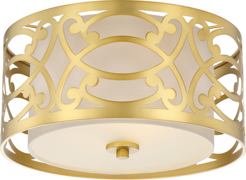 Nuvo 60/5961 Filigree; 2 Light; Flush Mount; Natural Brass Finish; Beige Linen Fabric Shade