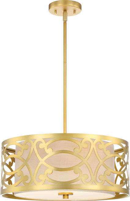 Nuvo 60/5964 Filigree; 3 Light; Pendant; Natural Brass Finish; Beige Linen Fabric Shade