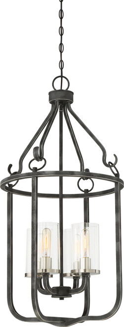 Nuvo 60/6127 4 Light; Sherwood Caged Pendant; Iron Black with Brushed Nickel Accents Finish; Clear Glass; Lamps Included