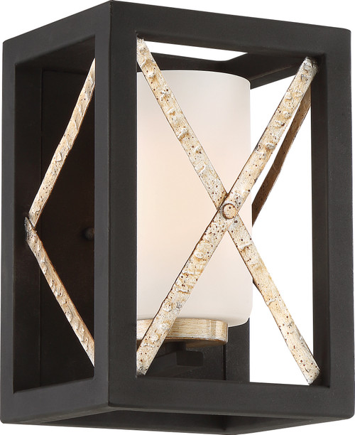Nuvo 60/6131 1 Light; Boxer Wall Sconce; Matte Black with Antique Silver Accents Finish; Satin White Glass