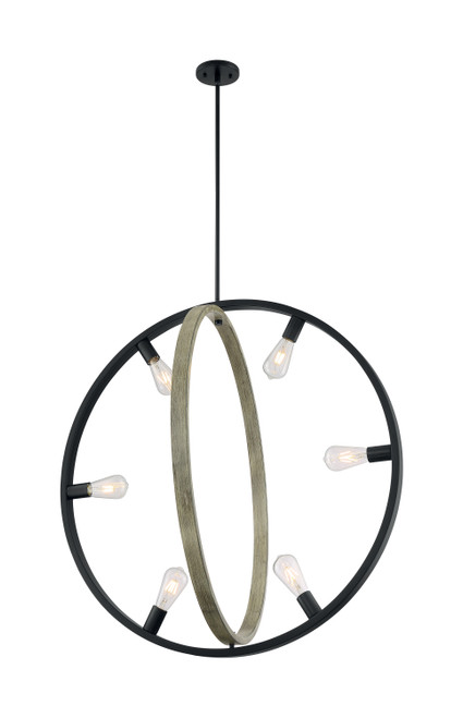 Nuvo 60/6986 Augusta; 6 Light; Pendant Fixture; Black with Circular Gray Wood Finish