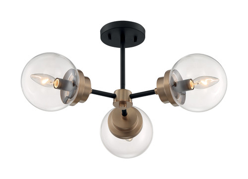 Nuvo 60/7123 Axis; 3 Light; Semi-Flush Fixture; Matte Black Finish with Brass Accents; Clear Glass