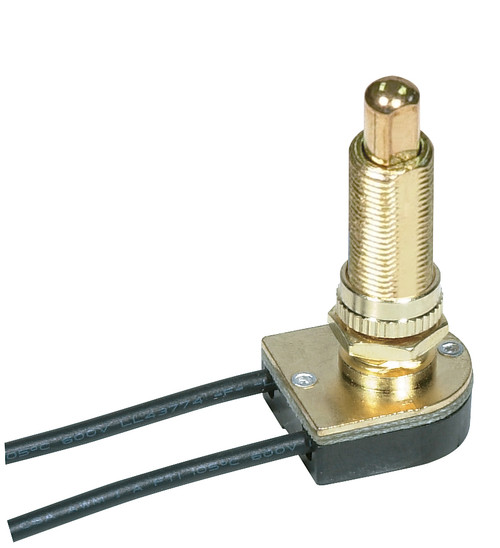 Satco 80/1367 On-Off Metal Push Switch; 1-1/8" Metal Bushing; Single Circuit; 6A-125V, 3A-250V Rating; 6" Leads; Brass Finish