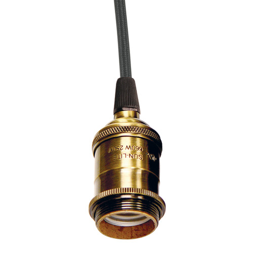 Satco 80/2282 Medium base lampholder; 4pc. Solid brass; prewired; Uno ring; 10ft. 18/2 SVT Black Cord; Antique brass finish
