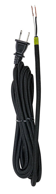 Satco 80/2466 12 Foot Rayon Cord Set; Black Finish; 18/2 SPT-2 105C With Molded Polarized Plug; 50 Carton; Tinned Tips Strip With 2" Slit