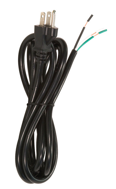 Satco 90/2209 8 Foot 18/3 SJT 105C Heavy Duty Cord Set; Black Finish; 50 Carton; 3 Prong Molded Plug; Stripped And Slit