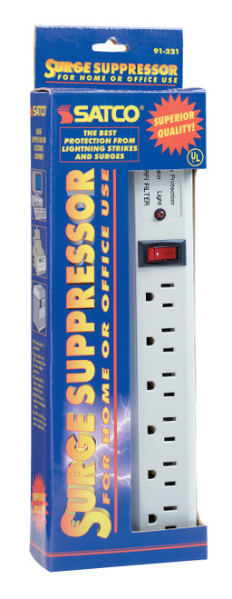 Satco 91/221 6 Outlet Superior Surge Strip; 4 Foot Cord; 14/3 SJT; Indoor Use Only; 540 Joules; 15A-120V; 1800W