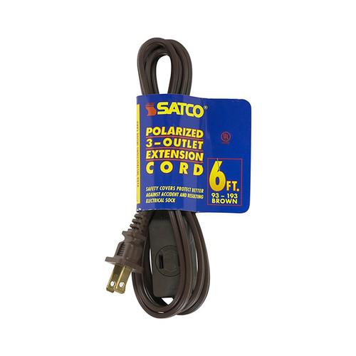 Satco 93/193 6 Foot Extension Cord; Brown Finish; 16/2 SPT-2; Indoor Only; 13A-125V-1625W Rating