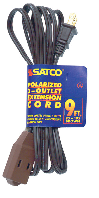 Satco 93/195 9 Foot Extension Cord; Brown Finish; 16/2 SPT-2; Indoor Only; 13A-125V-1625W Rating