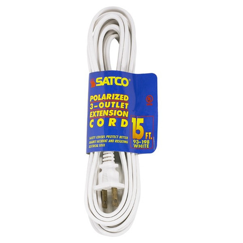 Satco 93/198 15 Foot Extension Cord; White Finish; 16/2 SPT-2; Indoor Only; 13A-125V-1625W Rating