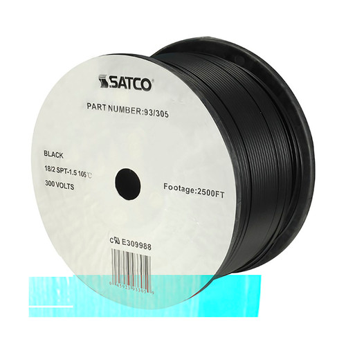 Satco 93/305 Lamp And Lighting Bulk Wire; 18/2 SPT-1.5 105C; 2500 Foot/Reel; Black