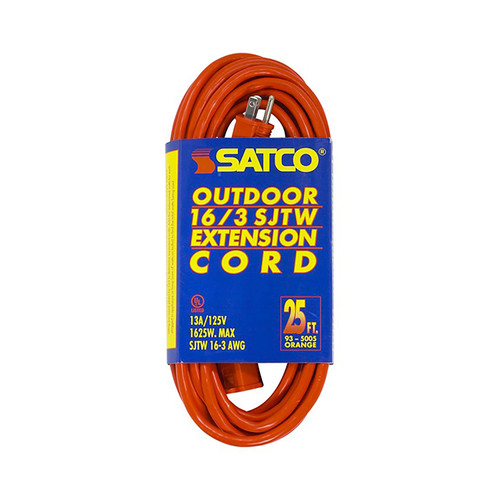 Satco 93/5005 25 Foot Orange Heavy Duty Outdoor Extension Cord; 16/3 Ga. SJTW-3 Orange Cord With Sleeve; 13A-125V; 1625W