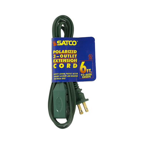 Satco 93/5020 6 Foot Extension Cord; Green Finish; 16/2 SPT-2; Indoor Only; 13A-125V-1625W Rating
