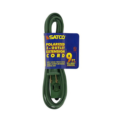 Satco 93/5021 9 Foot Extension Cord; Green Finish; 16/2 SPT-2; Indoor Only; 13A-125V-1625W Rating