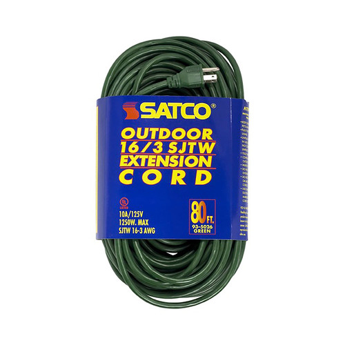 Satco 93/5026 80 Foot Green Heavy Duty Outdoor Extension Cord; 16/3 Ga. SJTW-3 Green Cord With Sleeve; 10A-125V; 1250W