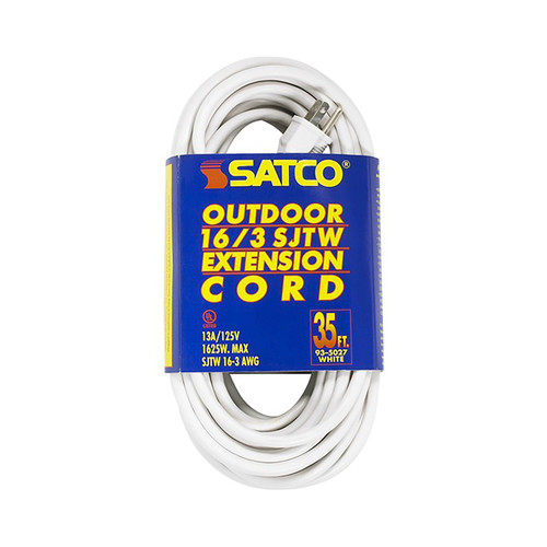 Satco 93/5027 35 Foot White Heavy Duty Outdoor Extension Cord; 16/3 Ga. SJTW-3 White Cord With Sleeve; 13A-125V; 1625W
