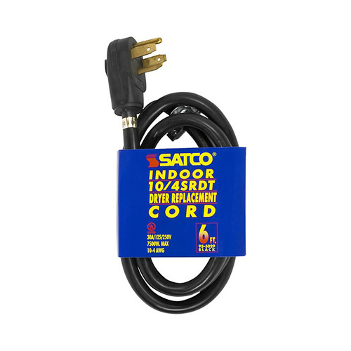 Satco 93/5029 6 Foot, 4 Wire Heavy Duty Replacement Dryer Cord; 10-4 SRDT Black Round; Indoor Use Only; 30A/125V-250V; 7500W