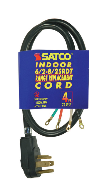 Satco 93/5033 4 Foot, 4 Wire Heavy Duty Replacement Range Cord; 6-2 - 8-2 SRDT Black Round; Indoor Use Only; 50A/125V-250V; 12500W