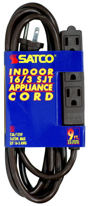 Satco 93/5046 9 Foot Extension Cord; Brown Finish; 16/3 SJT; Indoor Only; 13A-125V-1625W Rating