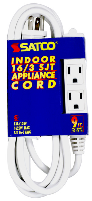 Satco 93/5047 9 Foot Extension Cord; White Finish; 16/3 SJT; Indoor Only; 13A-125V-1625W Rating