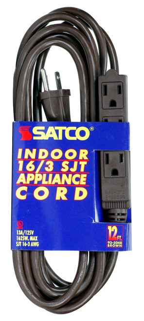 Satco 93/5048 12 Foot Extension Cord; Brown Finish; 16/3 SJT; Indoor Only; 13A-125V-1625W Rating