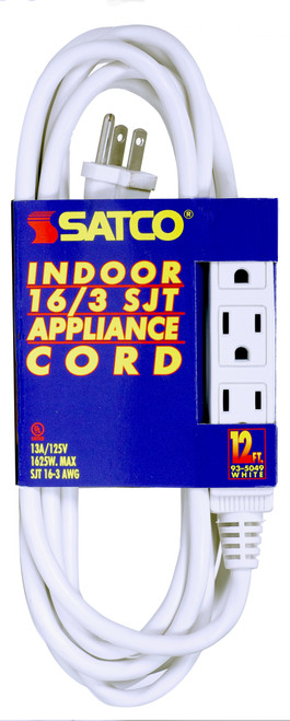 Satco 93/5049 12 Foot Extension Cord; White Finish; 16/3 SJT; Indoor Only; 13A-125V-1625W Rating