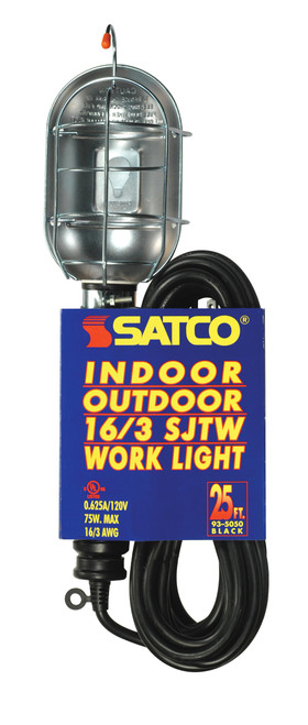 Satco 93/5050 25 Foot, 3 Wire Black Metal Trouble Light With Cage And Yellow Outlet; Indoor And Outdoor Use; 0.625A-120V; 75W Max