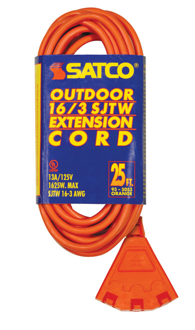 Satco 93/5053 25 Foot; 3 Wire; 3 Fan Outlet Extension Cord; 16-3 SJT Orange; 13A-125V; 1625W