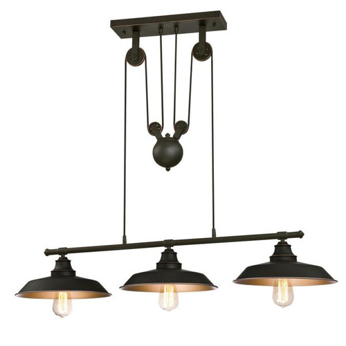 Westinghouse 6332500 Iron Hill Three-Light Indoor Island Pulley Pendant
Oil Rubbed Bronze Finish with Highlights