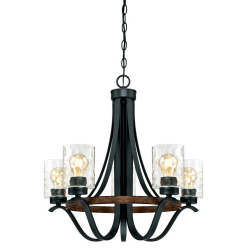 Westinghouse 6331900 Barnwell Five-Light Indoor Chandelier
Textured Iron and Barnwood Finish with Clear Hammered Glass