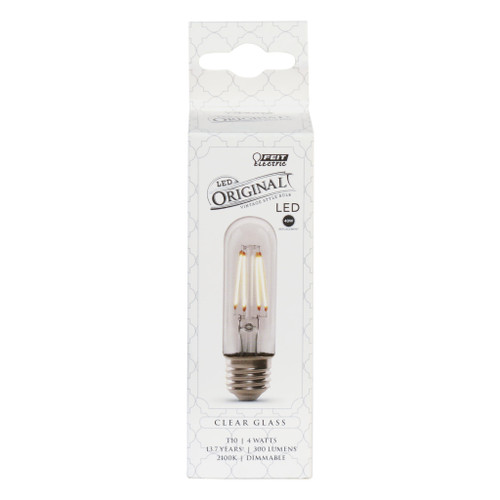 Feit Electric T10/CL/VG/LED LED Vintage Tubular T10 Dimmable Bulb, 4 Watts, 300 Lumens, 15,000 Life Hours, Clear, 2100K