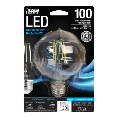 Feit Electric BPG2540/927CA/FIL/RP LED Dimmable G25 Globe, Clear, Filament, 350 Lumens, 40W Eq., 2700K, CEC Compliant