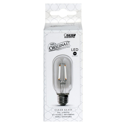 Feit Electric T14/CL/VG/LED LED Vintage Tubular T14 Dimmable Bulb, 4 Watts, 300 Lumens, 15,000 Life Hours, Clear, 2100K