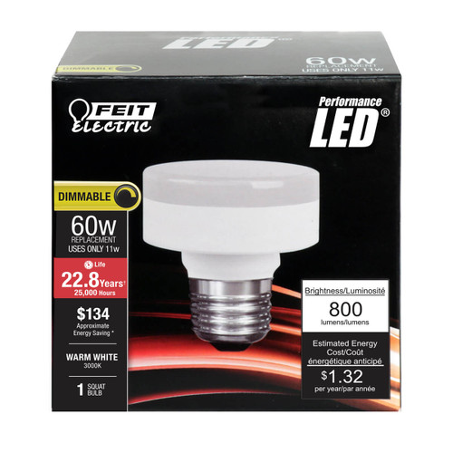 Feit Electric PU60/830/LED LED 60 Watt Equiv., Puck Squat Bulb 2.8" MOL, Medium Base,  Dimmable, 800 Lumens, 3000K