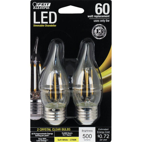 Feit Electric BPEFC60950CAFIL/2/RP LED Dimmable Deco Chandelier, Flame, Filament, Clear, 500 Lumens, 60W Eq., 5000K, 2Pk, CEC Compliant