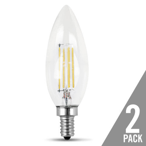 Feit Electric BPCTC60/827/LED/2 Filament LED, 60 Watt Equiv., Dimmable, Torpedo Tip, Candelabra Base, Clear, Decorative Bulb, 500 Lumen, 2700K, 2 Pk