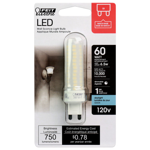 Feit Electric BP60G9/850/LED LED Dimmable T4 Specialty Bulb, 60W Eq., Using 6.5 Watts, 750 Lumens, G9 Base, 5000K, 10,000 Life Hours