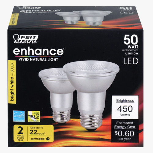 Feit Electric PAR20DM/930CA/2 LED Dimmable PAR20, 450 Lumens, 50W Eq., 3000K, 2Pk, CEC Compliant