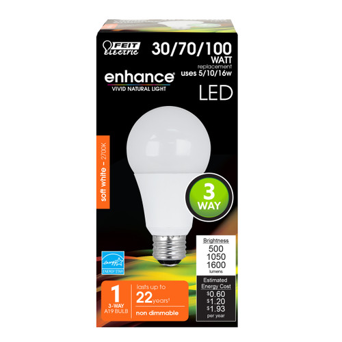 Feit Electric A30/100/LEDG2 3-Way LED Replacement, 30 / 75 / 100 Watt Equiv., Non-Dimmable, 500/1050/1600 Lumens, 2700K