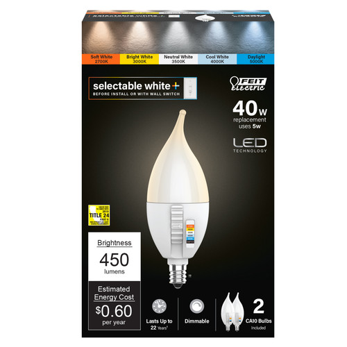 Feit Electric CFF40/6WYCA/2 Filament LED, 40-Watt Equivalent Flame Tip Color Selectable Dimmable LED (2-pack) 27k, 30k, 35k, 40k, 50k, Switch CEC compliant