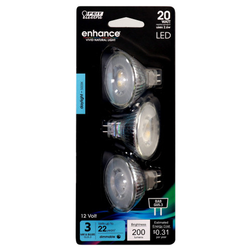 Feit Electric BPBAB/950CA/3 LED MR16 Reflector, 20W Eq., 2.6W, 5000K, 200 Lumens, 25,000 Life Hours, Dimmable, GU5.3 Base, Clear, 3 Pk, CEC Compliant