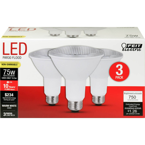 Feit Electric PAR30L75/10KLED/3 PAR30 75 Watt Equiv., 10 Year 11K, Non-Dimmable, 3000K, 3 Pk