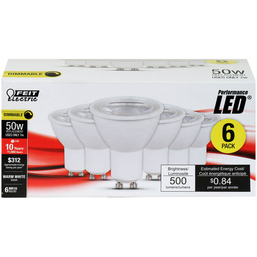 Feit Electric MR16GU10/500/950CA/6 MR16 Dimmable GU10 Base, LED, 500 Lumens, 50W Eq., 5000K, 120V, 6/Bx, CEC Compliant