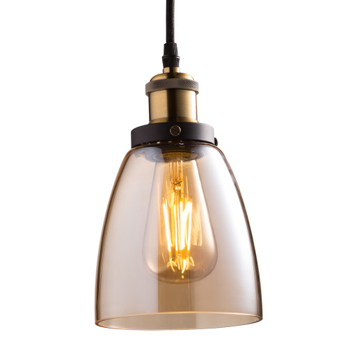 Feit Electric PN6AG/BZ/ST19LED LED Vintage Pendant Fixture, 5.7" Shade, Amber Glass, Brass Finish, Includes ST19 LED light bulb