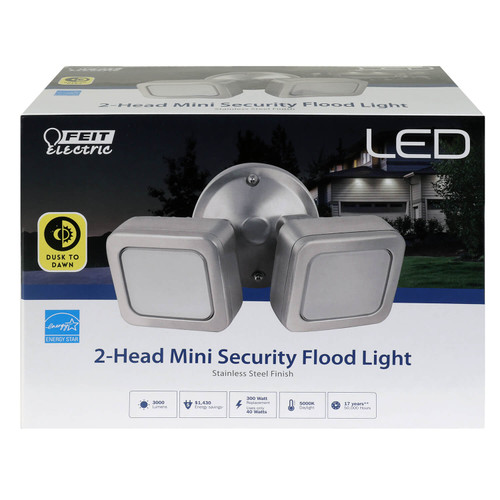 Feit Electric 73708 Mini LED Two Head Security Flood Light, Stainless Steel Finish, Dusk to Dawn, 3000 Lumens, 5000K, Energy Star