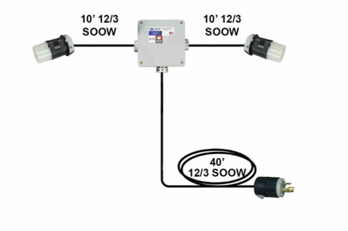 Larson Electronics 40' 12/3 20A SOOW Extension Y Cable - NEMA 5-20P Input Plug - (2) 10' 12/3 SOOW Output Whips w/ NEMA 5-20C Connectors